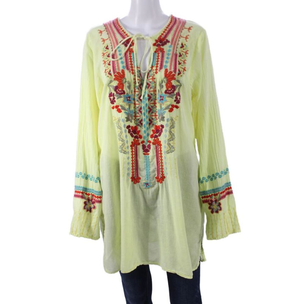 Biya Women Tunic Blouse Yellow Geometric Long Sleeve Round Neck Cotton Size L